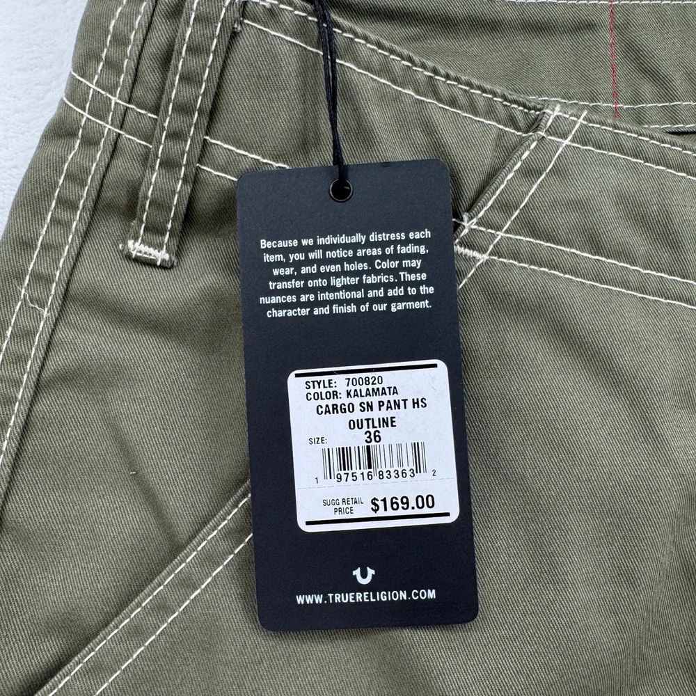 True Religion Cargo Pants Mens 36 Green New Contrast Stitch Horseshoe 700820